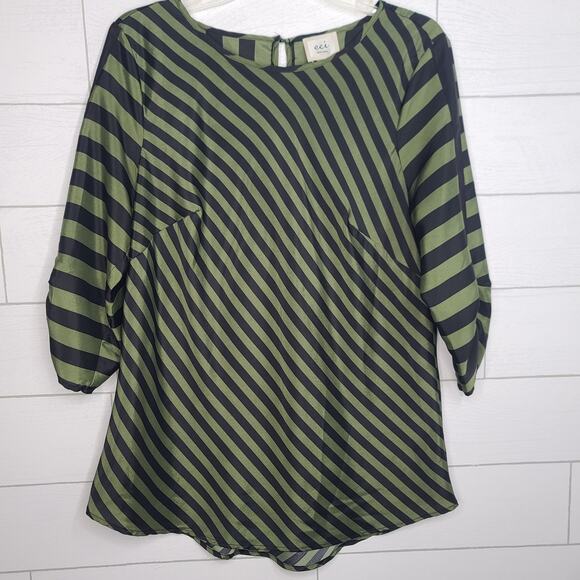 Eci Tunic Top 3/4 Sleeve Large Green Black Stripe Tunic Blouse Mod Witchy - Picture 7 of 10
